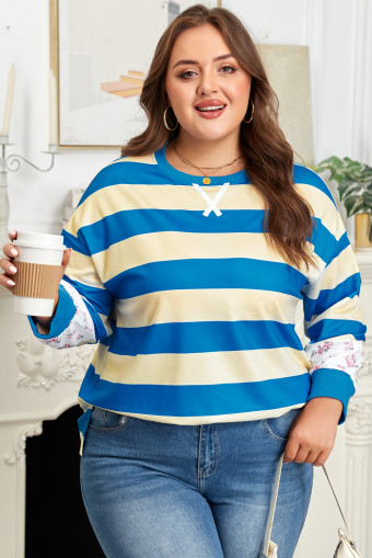 Plus Size Blue Stripe Floral Color Block Drop Shoulder  Pullover Top