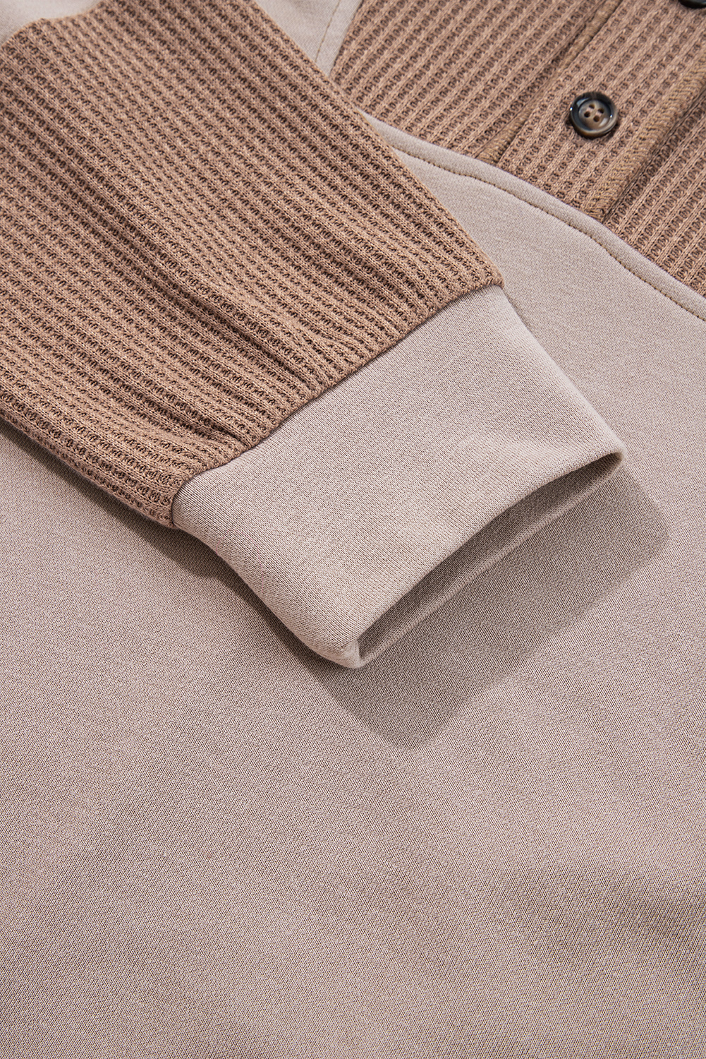 Plus Size Goat Waffle Contrast Patchwork  Pocketed Hoodie