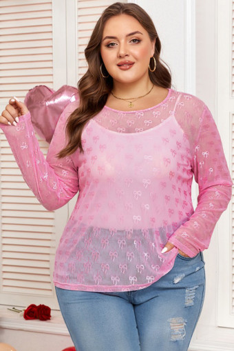 Plus Size Pink  Bow Embroidered Mesh Long Sleeve Top