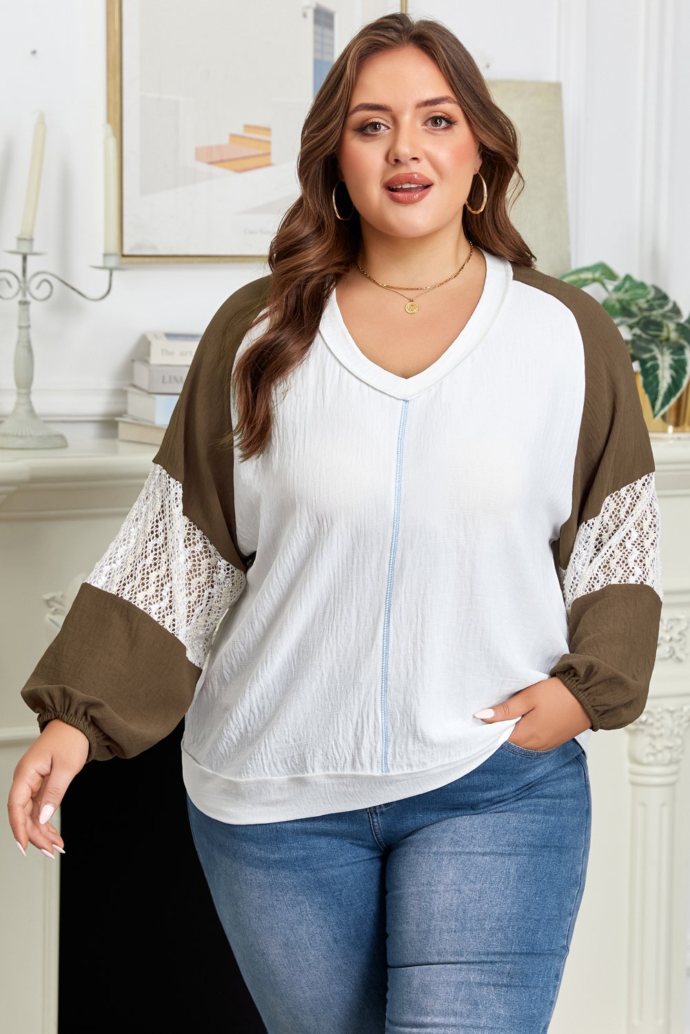 Plus Size Green Colorblock Lace Patchwork Balloon Sleeve V Neck  Blouse