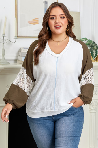 Plus Size Green Colorblock Lace Patchwork Balloon Sleeve V Neck  Blouse