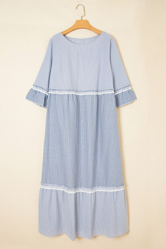 Plus Size Sky Blue Stripe Crisscross Lace Detail Mixed Striped Patchwork  Shift Long Dress