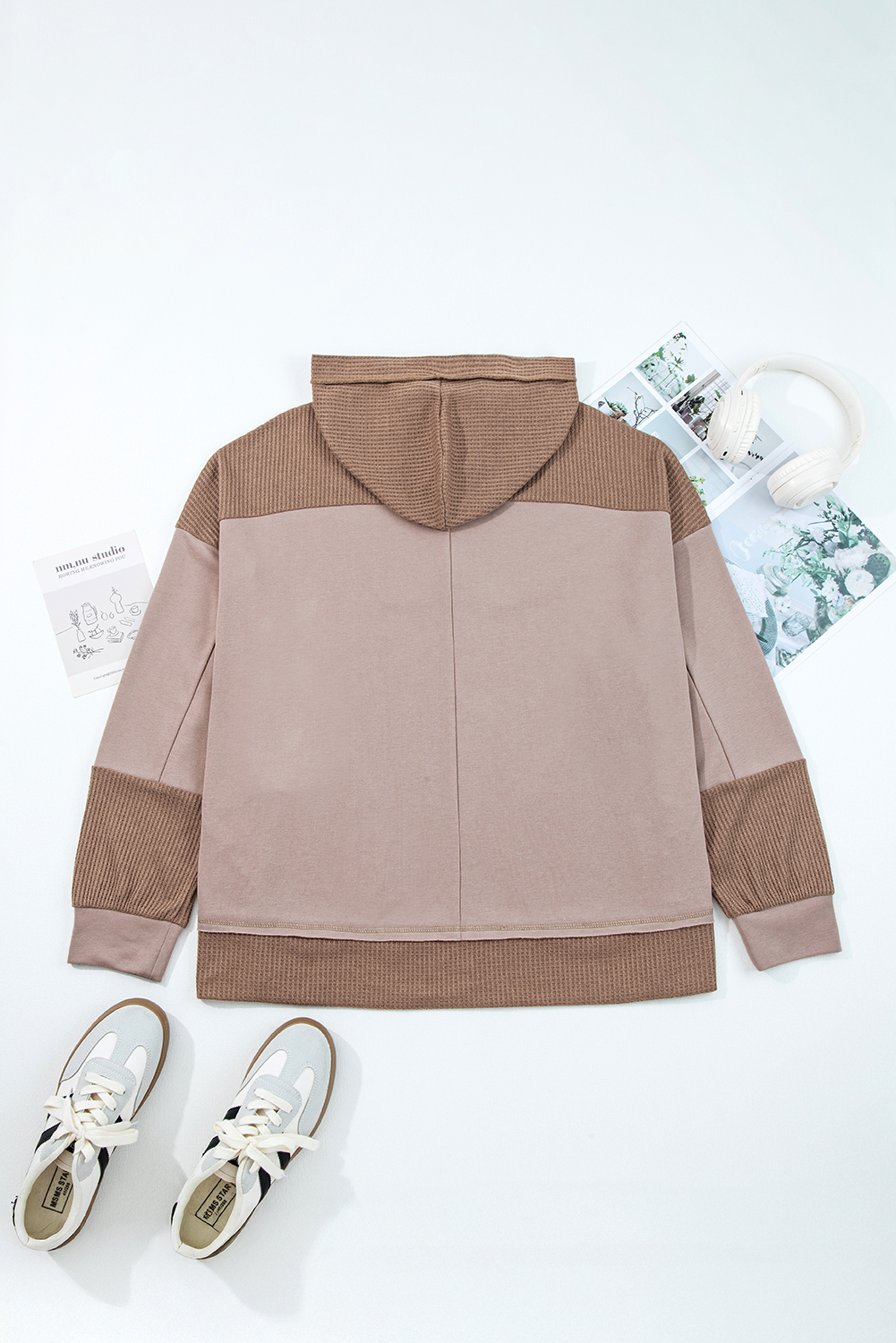 Plus Size Goat Waffle Contrast Patchwork  Pocketed Hoodie