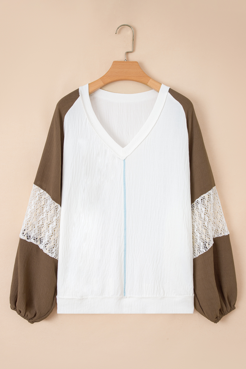 Plus Size Green Colorblock Lace Patchwork Balloon Sleeve V Neck  Blouse