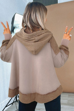 Plus Size Goat Waffle Contrast Patchwork  Pocketed Hoodie