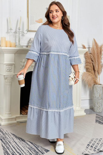 Plus Size Sky Blue Stripe Crisscross Lace Detail Mixed Striped Patchwork  Shift Long Dress