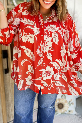 Plus Size Red  Floral Print Loose Button Up Shirt