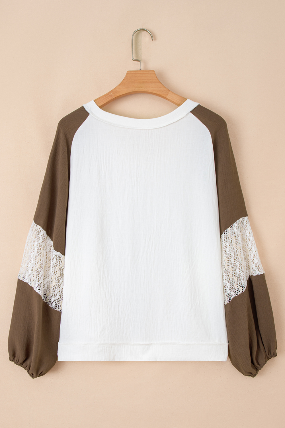 Plus Size Green Colorblock Lace Patchwork Balloon Sleeve V Neck  Blouse