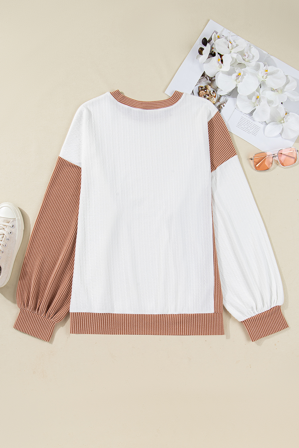 Plus Size White Cable Texture Ribbed Color Block  Knit Top