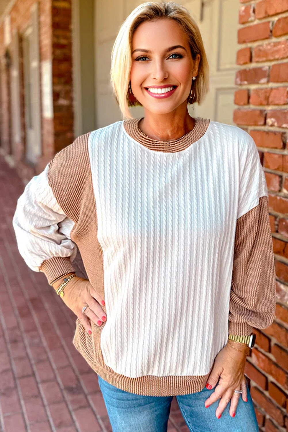 Plus Size White Cable Texture Ribbed Color Block  Knit Top