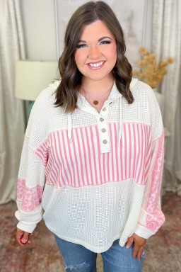 Plus Size Pink Stripe Leopard Patchwork Waffle Knit Buttoned  Hoodie