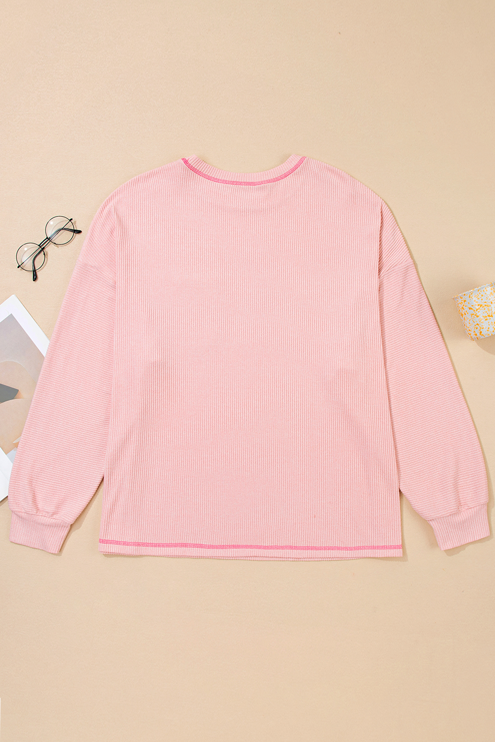 Bonbon Ribbed Exposed Seam Round Neck Chest Pocket Plus Knit Top