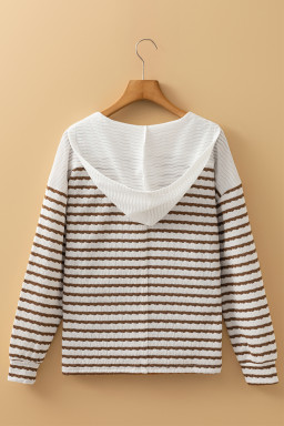 Plus Size Khaki Stripe Buttoned V Neck Textured Hooded  Top