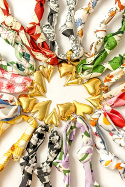 White Floral Print Scarf Knotted Gold Heart Charm Necklace