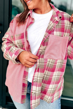 Plus Size Pink Waffle Patch Pocket Plaid Patchwork  Shirt