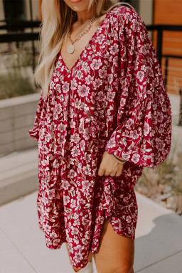 Purple Plus Floral Balloon Sleeve V Neck Relaxed Dress