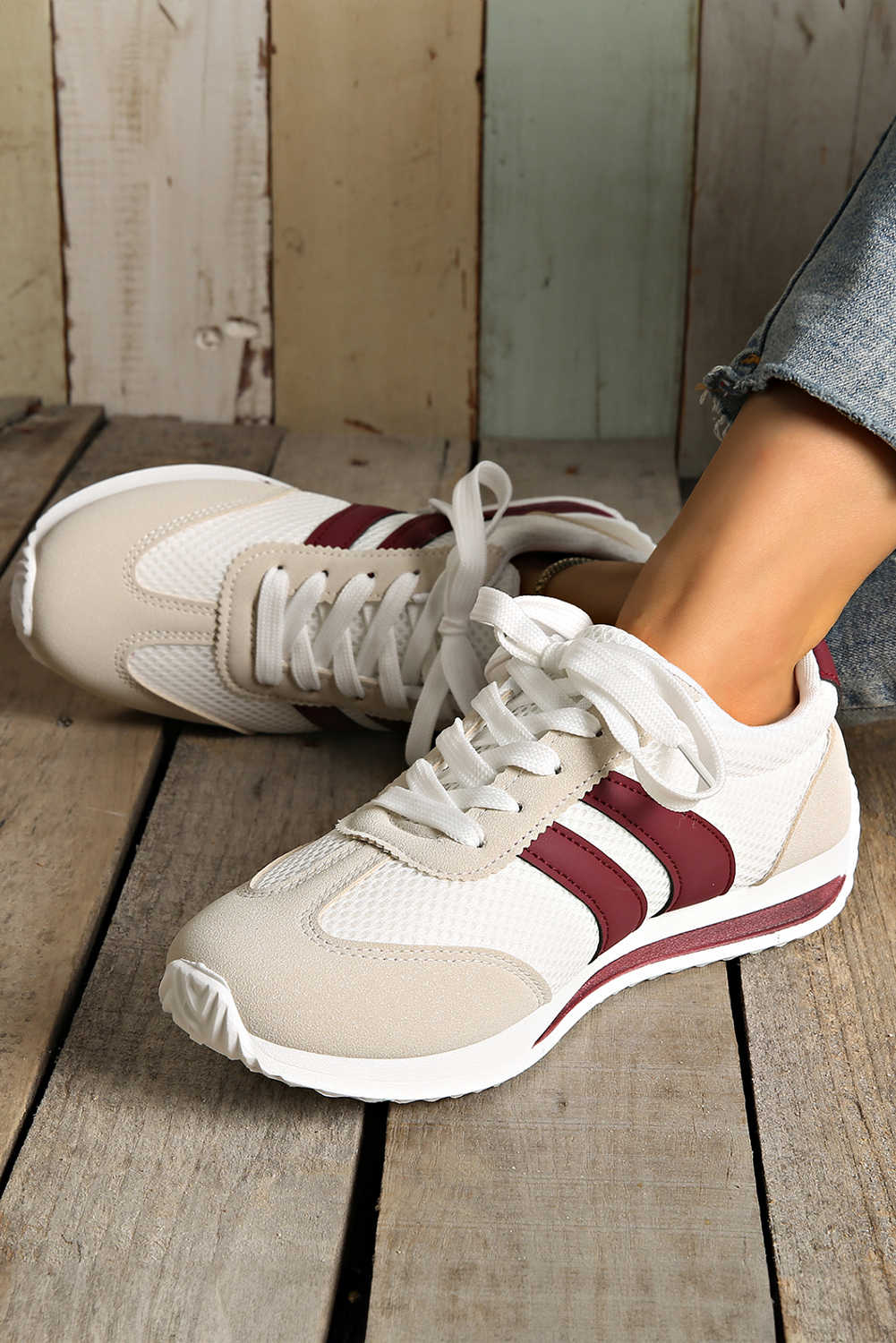 White Color Block Patchwork Breathable Lace-up Sneakers