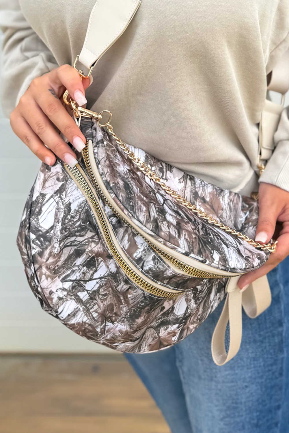 Medium Grey Camouflage Print Gold Chain Strap Double Zipper Crossbody Bag