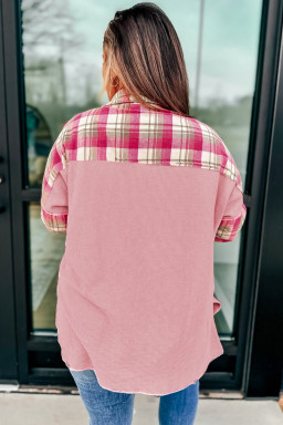 Plus Size Pink Waffle Patch Pocket Plaid Patchwork  Shirt