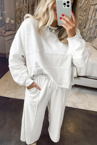 Plus Size White Textured Raw Seam  Pullover Top and Drawstring Pants Set