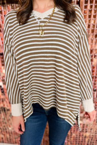 Plus Size Khaki Stripe Textured Dolman Sleeve High Low  Top