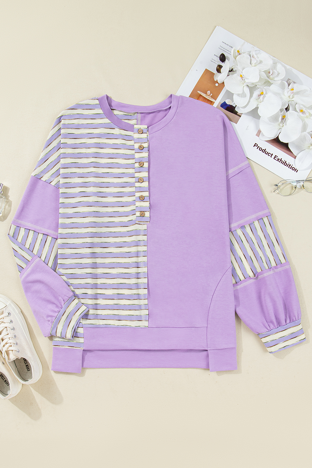 Plus Size Purple Stripe Patchwork Buttoned Drop Shoulder  Pullover