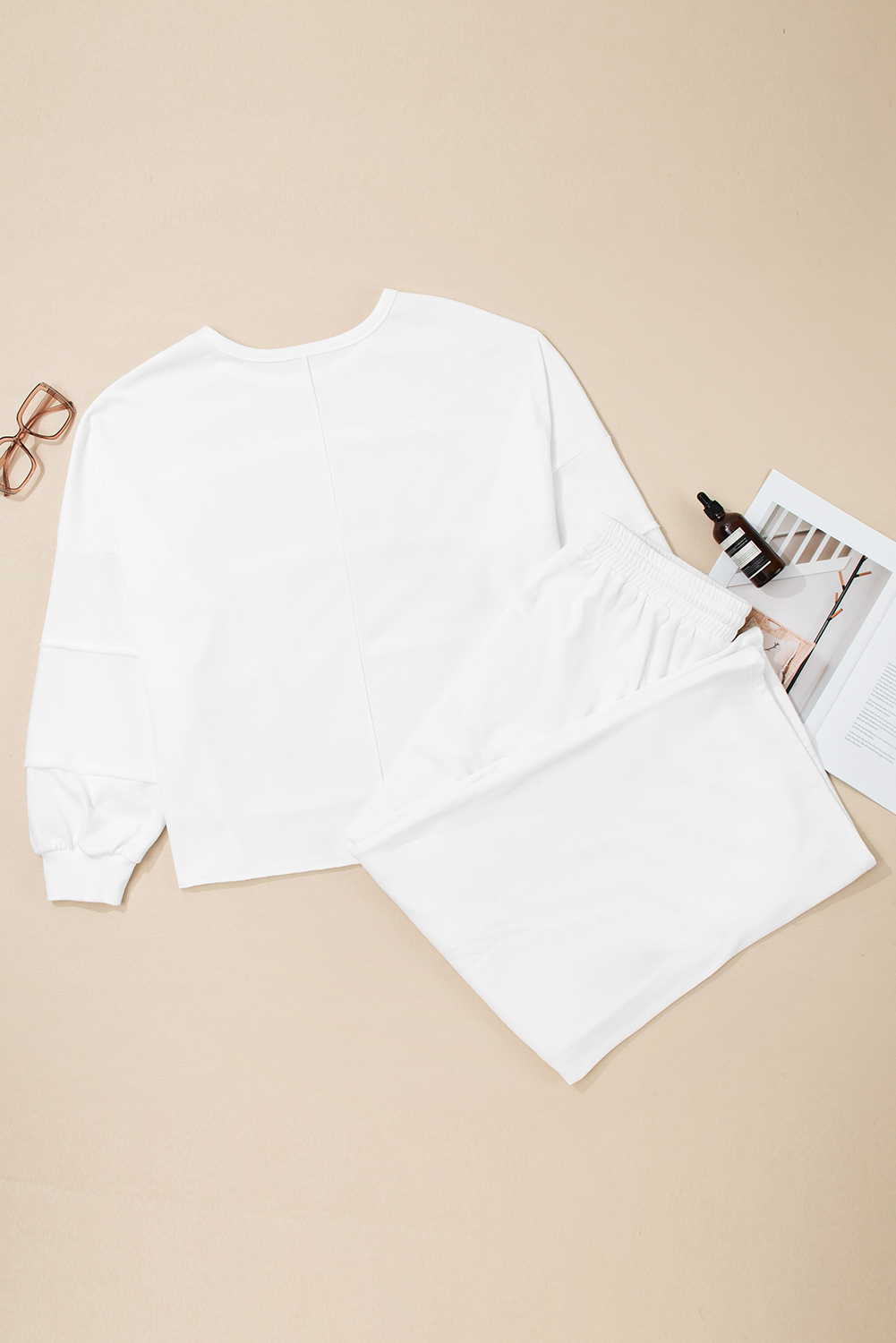 Plus Size White Textured Raw Seam  Pullover Top and Drawstring Pants Set