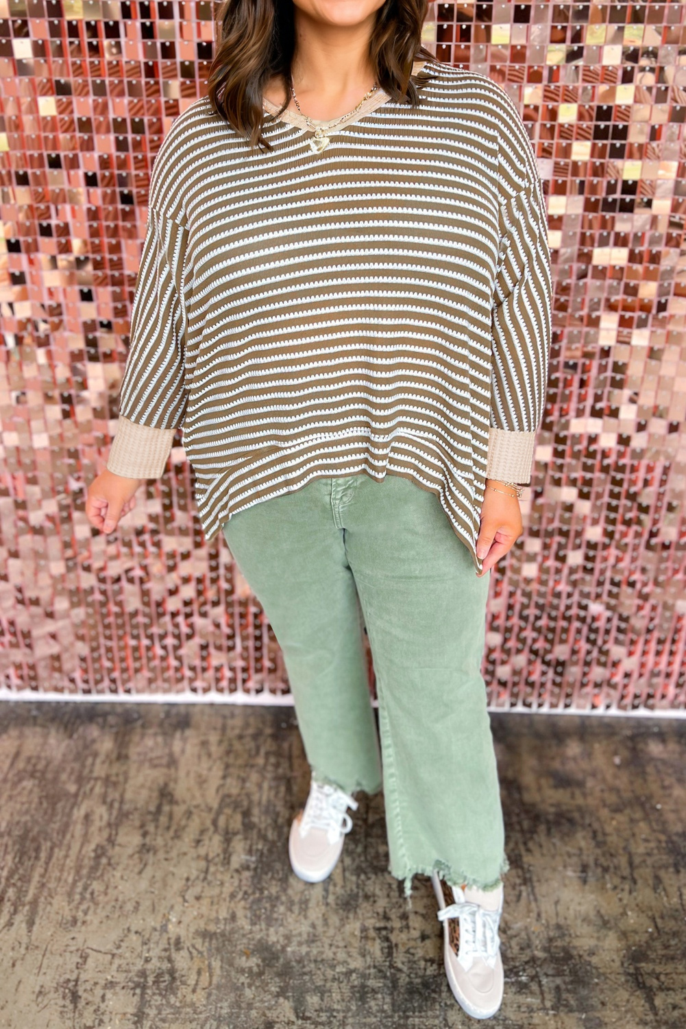 Plus Size Khaki Stripe Textured Dolman Sleeve High Low  Top