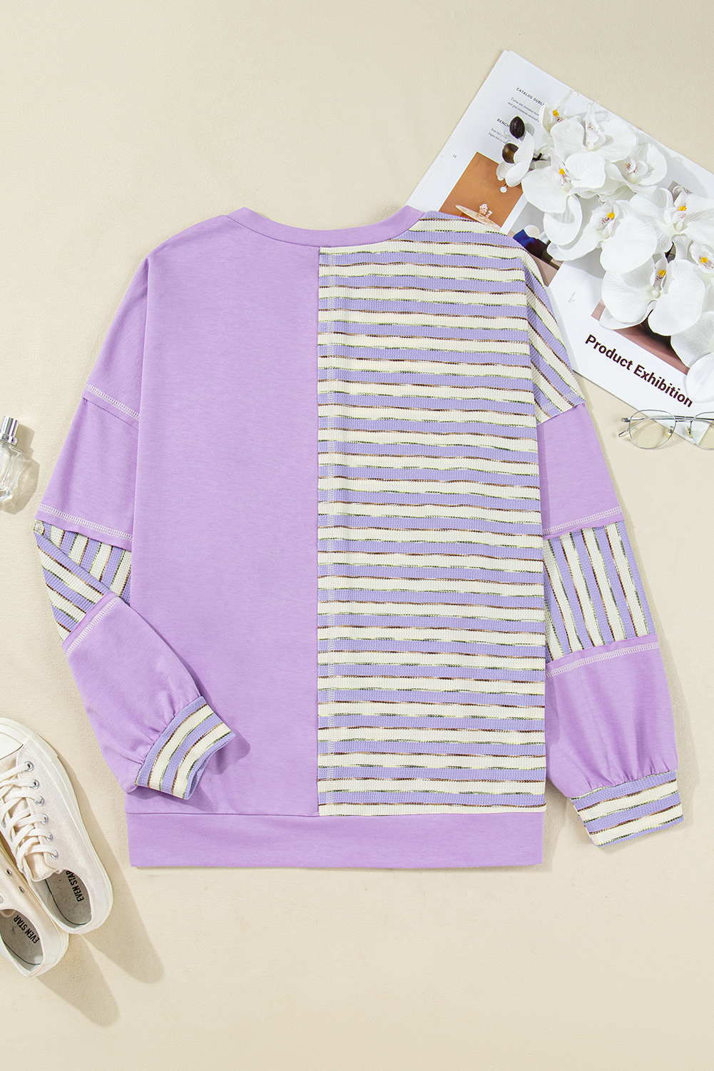 Plus Size Purple Stripe Patchwork Buttoned Drop Shoulder  Pullover