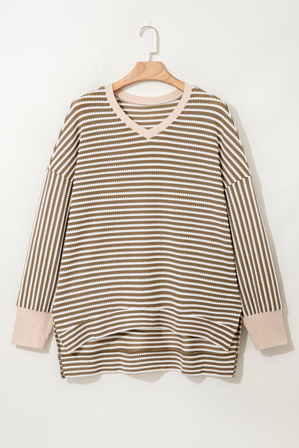 Plus Size Khaki Stripe Textured Dolman Sleeve High Low  Top