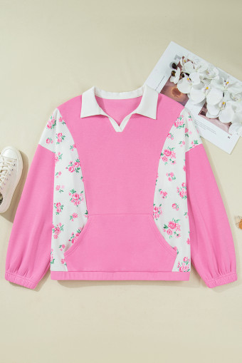 Plus Size Pink  Contrast Polo Collar Floral Patchwork Elastic Cuffs Long Sleeve Top