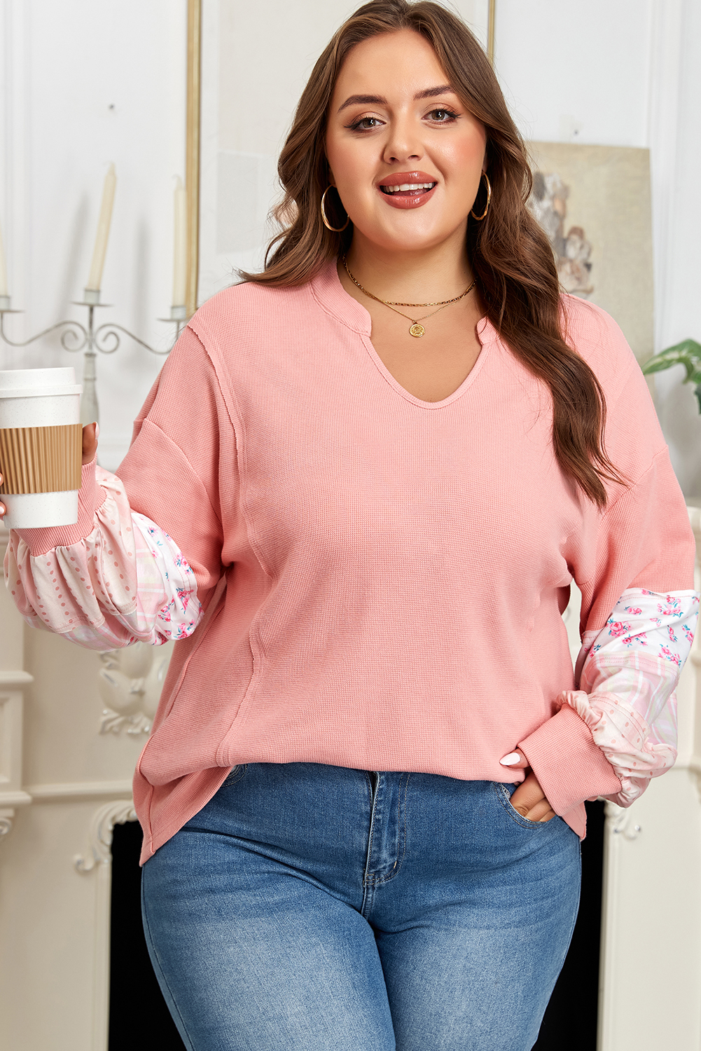 Plus Size Pink Floral Sleeve Patchwork Waffle Knit Notched V Neck  Top