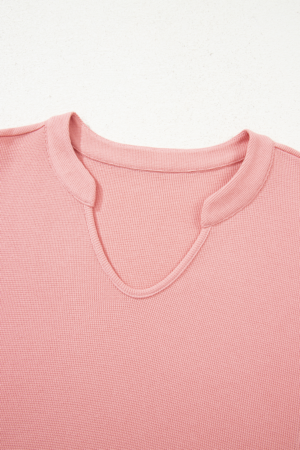 Plus Size Pink Floral Sleeve Patchwork Waffle Knit Notched V Neck  Top