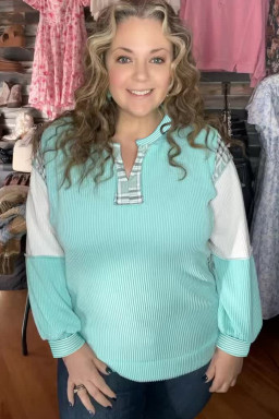 Plus Size Aruba Blue Twist Ribbed Color Block Plaid Patchwork  Long Sleeve Top