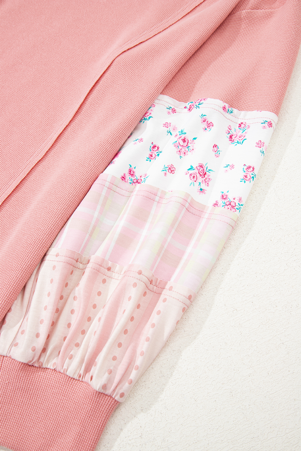 Plus Size Pink Floral Sleeve Patchwork Waffle Knit Notched V Neck  Top