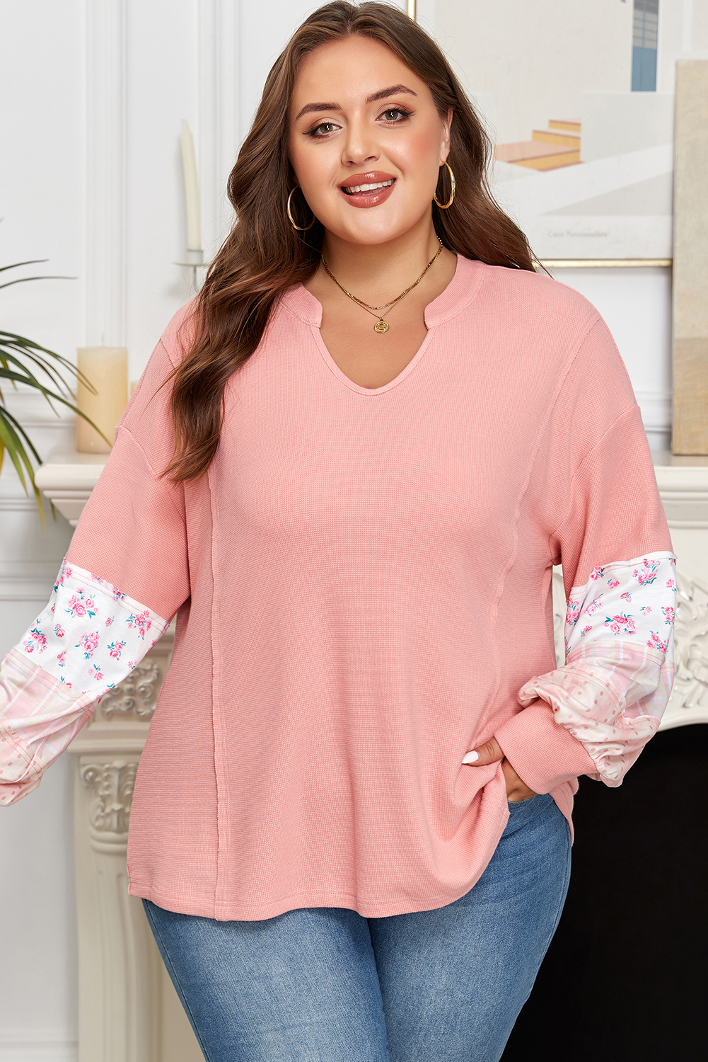 Plus Size Pink Floral Sleeve Patchwork Waffle Knit Notched V Neck  Top
