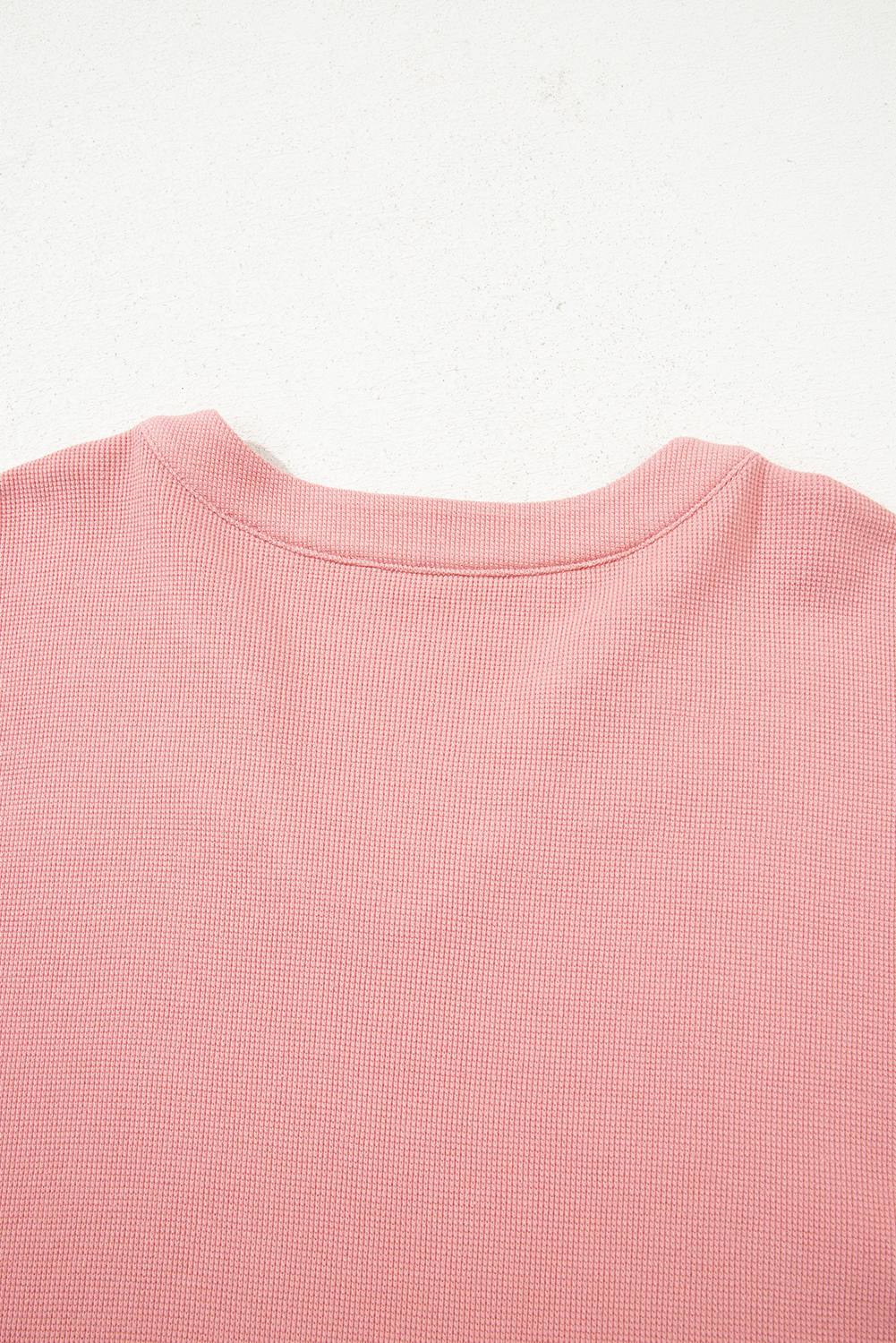 Plus Size Pink Floral Sleeve Patchwork Waffle Knit Notched V Neck  Top