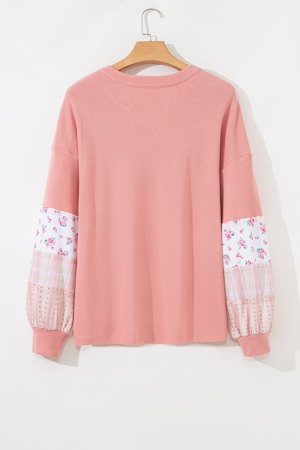 Plus Size Pink Floral Sleeve Patchwork Waffle Knit Notched V Neck  Top
