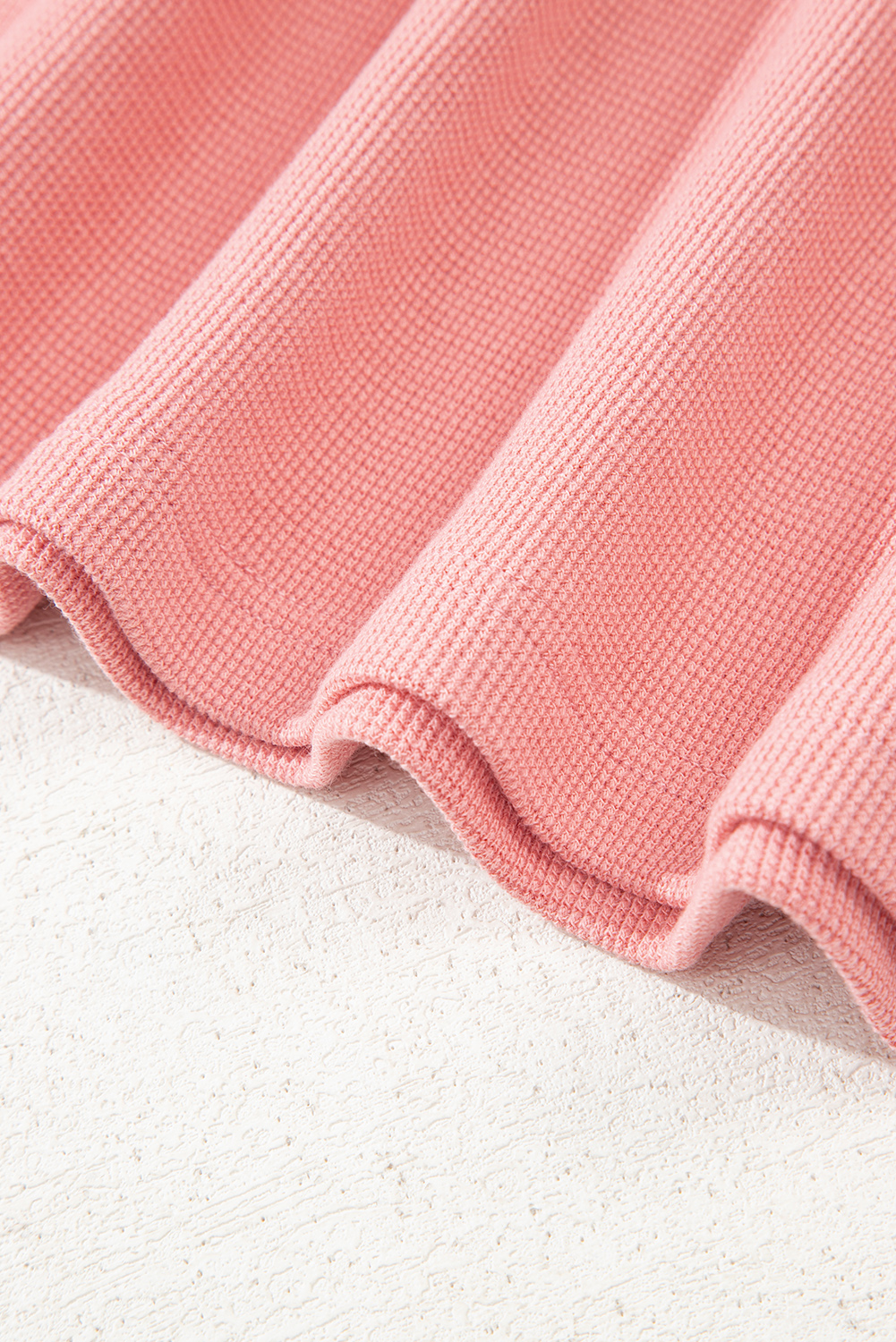 Plus Size Pink Floral Sleeve Patchwork Waffle Knit Notched V Neck  Top