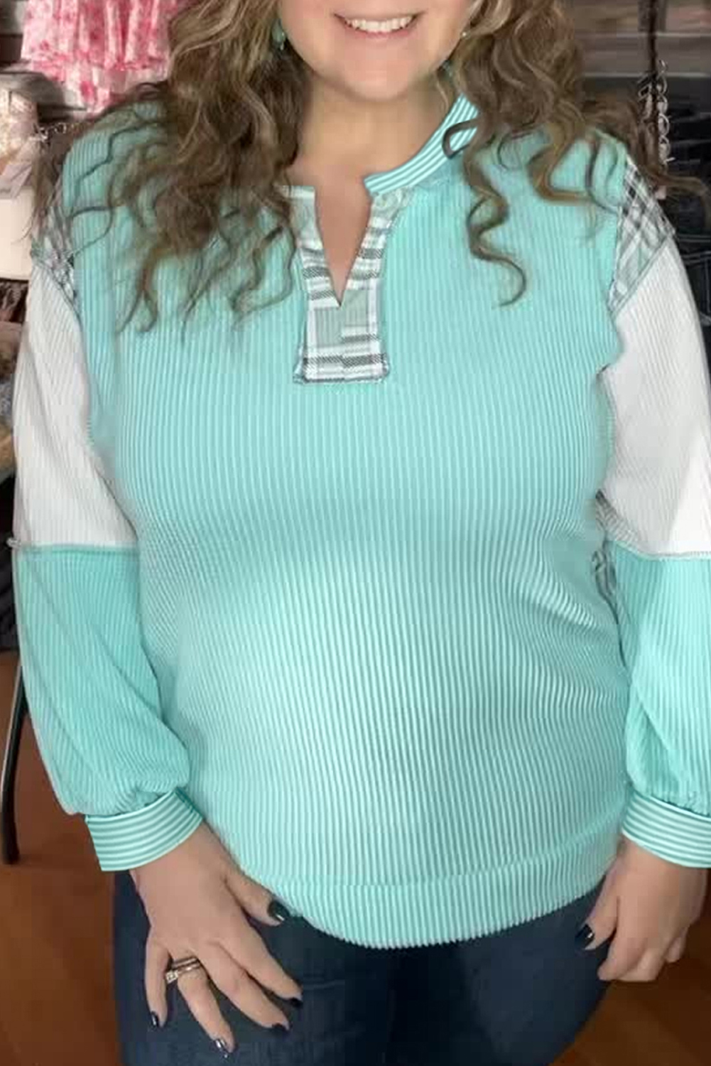 Plus Size Aruba Blue Twist Ribbed Color Block Plaid Patchwork  Long Sleeve Top