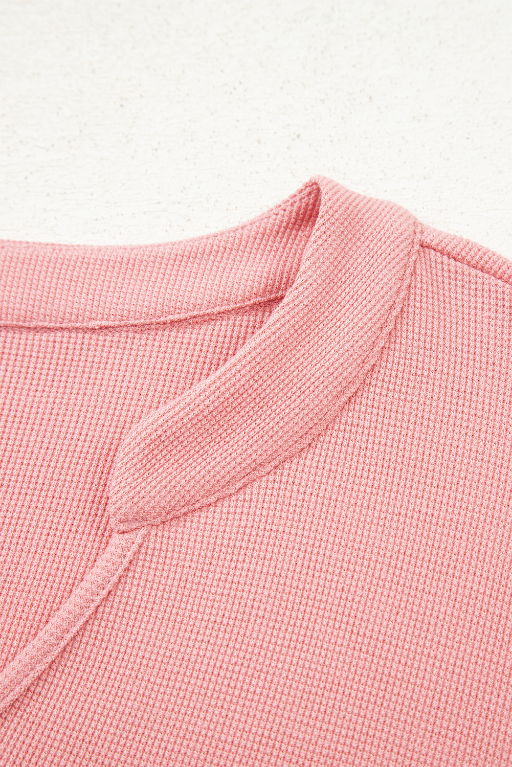 Plus Size Pink Floral Sleeve Patchwork Waffle Knit Notched V Neck  Top