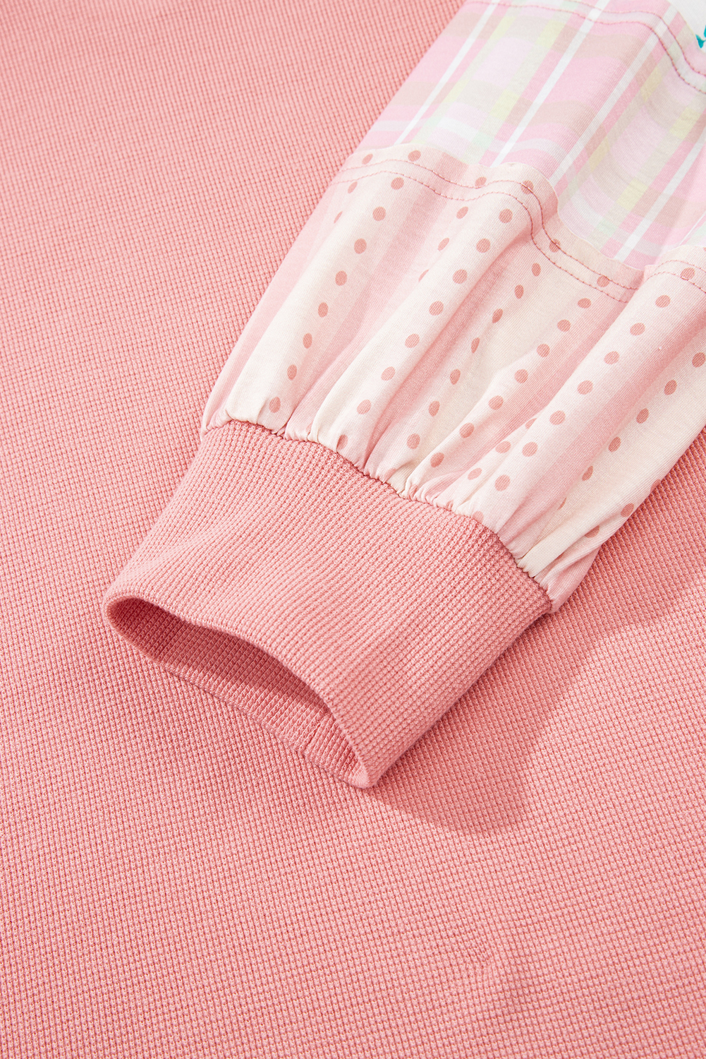 Plus Size Pink Floral Sleeve Patchwork Waffle Knit Notched V Neck  Top