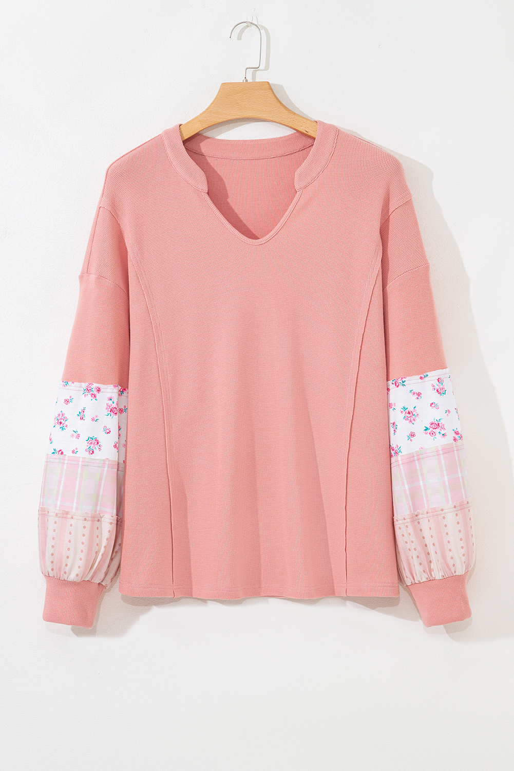 Plus Size Pink Floral Sleeve Patchwork Waffle Knit Notched V Neck  Top
