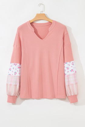 Plus Size Pink Floral Sleeve Patchwork Waffle Knit Notched V Neck  Top