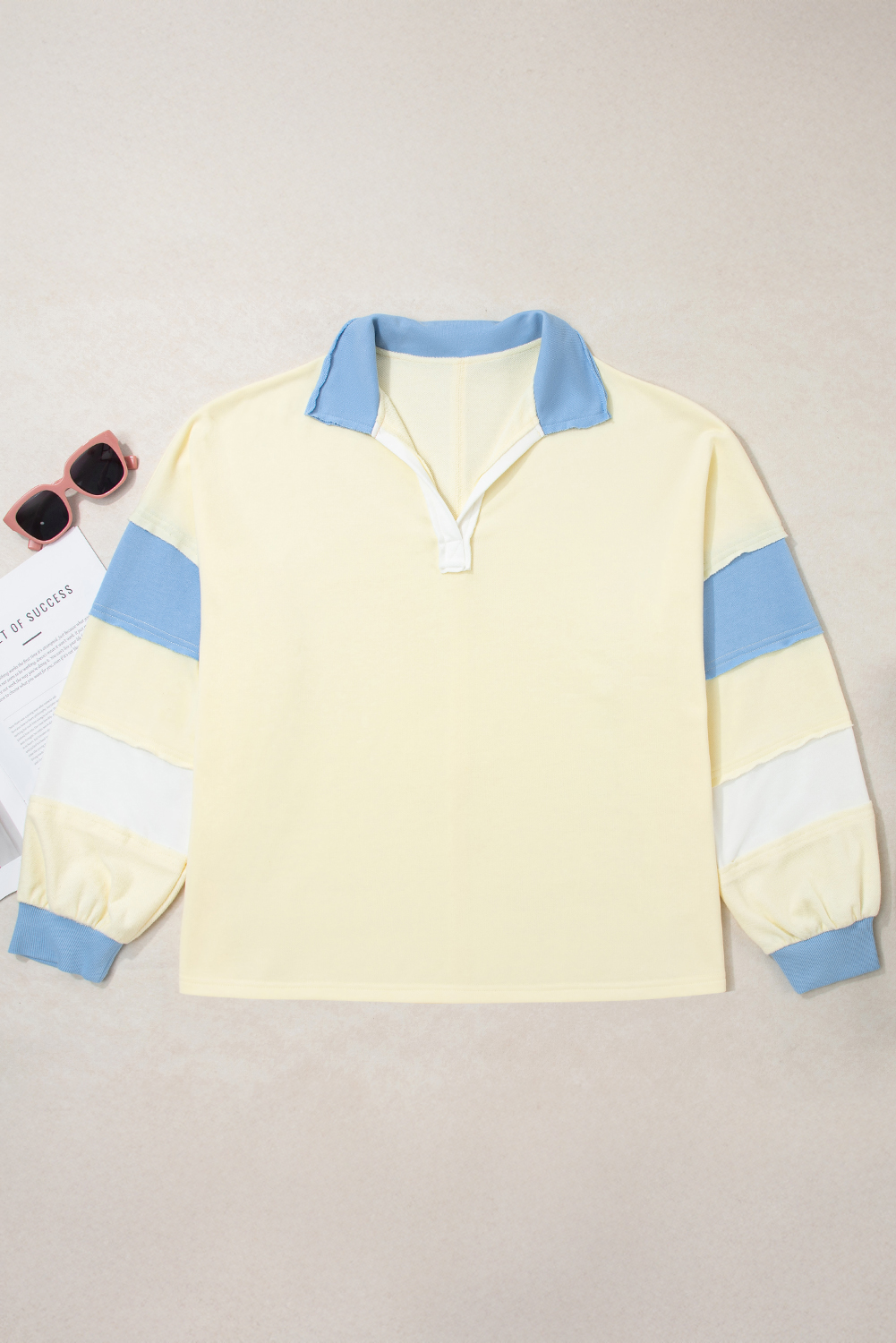 Plus Size Yellow Cream Raw Seam Color Block Patchwork  V Neck Pullover