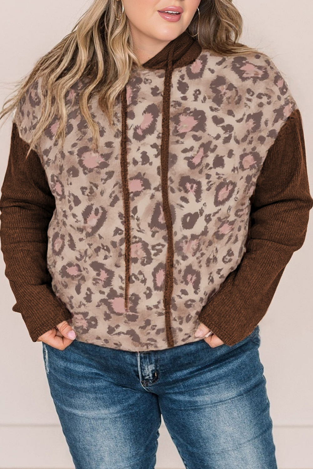Brown Leopard Print Knit Patchwork Plus Hoodie