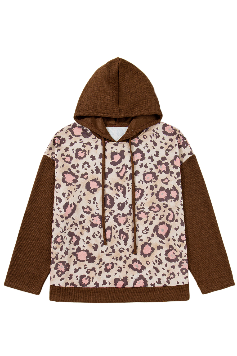 Brown Leopard Print Knit Patchwork Plus Hoodie