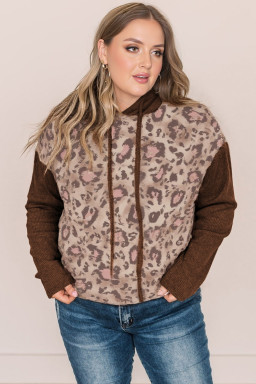Brown Leopard Print Knit Patchwork Plus Hoodie