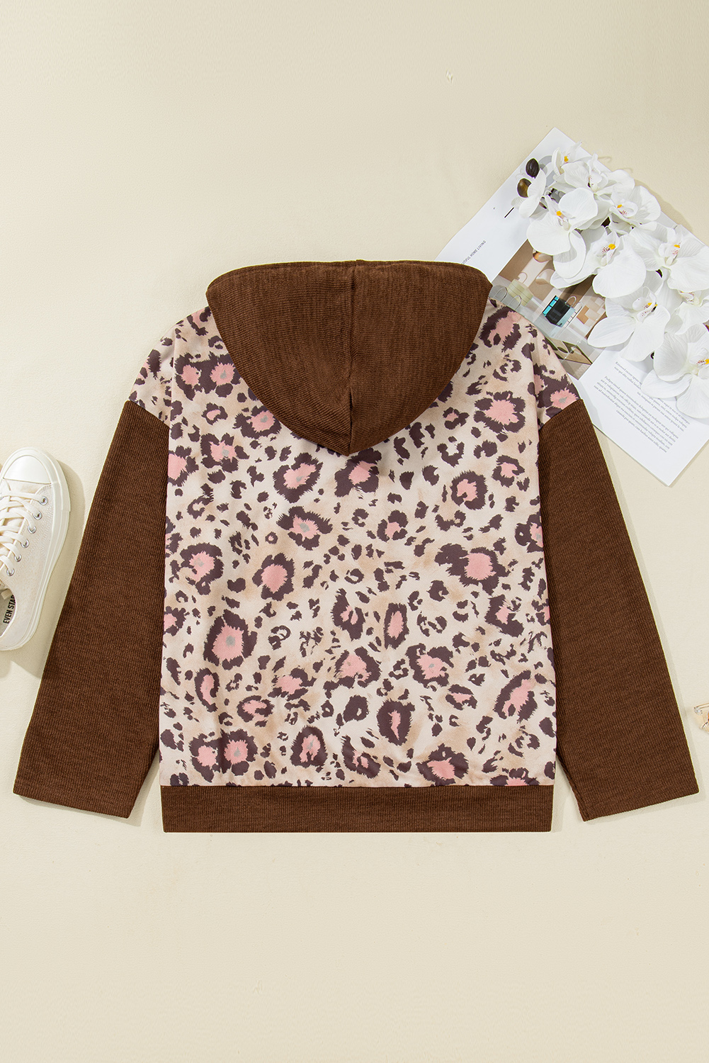 Brown Leopard Print Knit Patchwork Plus Hoodie
