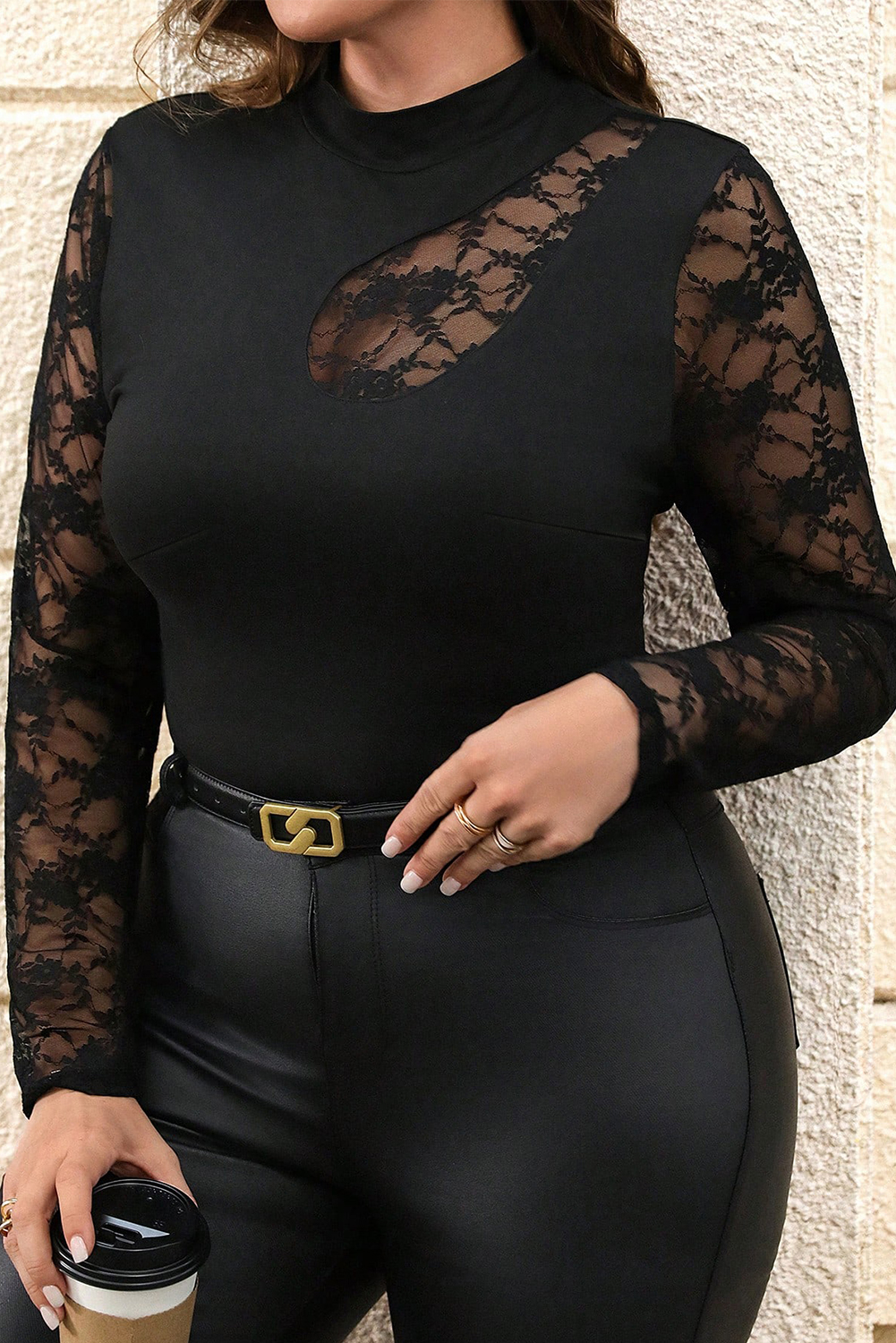 Plus Size Black  Lace Patchwork Asymmetric Cutout Sheer Long Sleeve Top